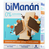 Bimanan Snack Barquillo 0% Azucares Añadidos 6 Unidades 20g Sabor Chocolate con Leche y Avellanas