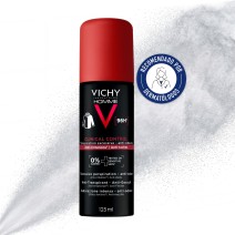 Desodorante Spray 125ml con textura de fondo y sello dermatológico Vichy Homme