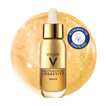 Sérum Neovadiol Longevity 30ml de Vichy con fondo con textura y sello dermatológico
