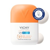 Protector solar Vichy Capital Soleil UV Aqua Fluido Hidratante Invisible 50ml con fondo con textura y sello dermatológico