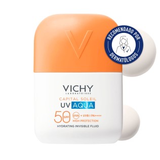 Protector solar Vichy Capital Soleil UV Aqua Fluido Hidratante Invisible 50ml con fondo con textura y sello dermatológico