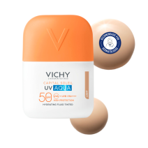 Protector solar Vichy Capital Soleil UV Aqua Fluido Hidratante tono claro 50ml fondo con textura y sello dermatologico