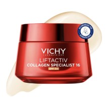 Crema Vichy Liftactiv Collagen Specialist 16 SPF50 50ml con textura de fondo y sello dermatológico