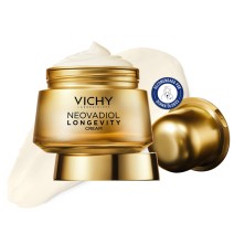 Crema de día Vichy Neovadiol Longevity 50ml con textura de fondo y sello dermatológico