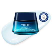 Crema de noche Hidratante Melatonina Pura 50ml de Vichy con fondo de textura y sello dermatológico