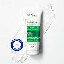 Acondicionador anticaspa Vichy Dercos de 200ml con fondo con textura y sello dermatológico