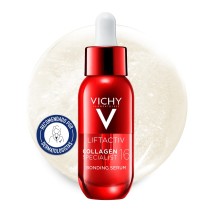 Serum para la piel Vichy Liftactiv Collagen Specialist 16 Bonding con textura de fondo y sello dermatológico