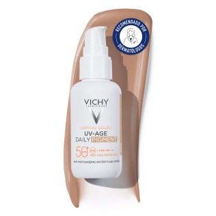 Protector solar facial Vichy Capital Soleil UV-Age Daily Pigment medium 40ml con textura de fondo y sello dermatologico