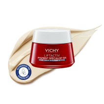 Crema de Noche Antimanchas Vichy Liftactiv Retinol B3 50ml con textura de fondo y sello dermatológico
