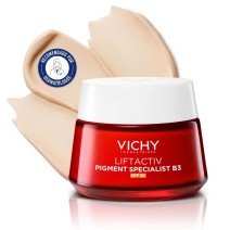 Crema Antimanchas Oscuras Vichy Liftactiv B3 SPF50+ 50ml con textura de fondo y sello dermatológico