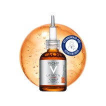 Sérum Vichy Liftactiv Supreme con Vitamina C 20 ml fondo con textura y sello dermatológico