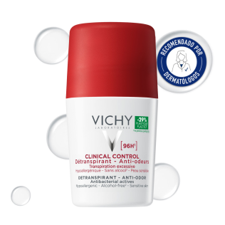 Desodorante de bola Vichy Clinical Control 96H 50ml con textura de fondo y sello dermatológico