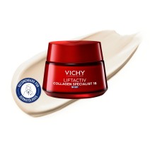 Crema de noche Vichy Liftactiv Collagen Specialist 50 ml con textura de fondo y sello dermatológico