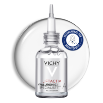Sérum Vichy Liftactiv Supreme HA Epidermic Filler de 30ml con textura de fondo y sello dermatológico