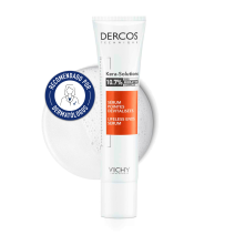 Sérum Vichy Dercos Kera Solutions de 40ml con textura de fondo y sello dermatológico