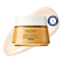 Crema de noche Vichy Neovadiol Post Menopausia de 50ml con textura de fondo y sello dermatológico