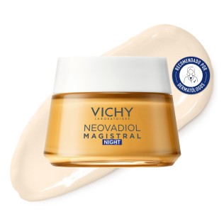 Crema de noche Vichy Neovadiol Post Menopausia de 50ml con textura de fondo y sello dermatológico