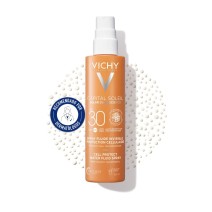 Protector solar Vichy Capital Soleil Anti-Deshidratación SPF 30 de 200ml con textura de fondo y sello dermatológico