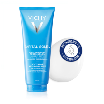 Crema formato Leche After Sun Leche Vichy Ideal Soleil  de 300ml con textura de fondo y sello dermatológico