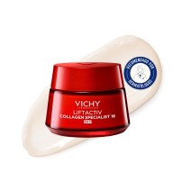 Crema Vichy Liftactiv Collagen Specialist de 50ml con textura de fondo y sello dermatológico
