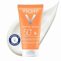 Crema Vichy Ideal Soleil SPF50+ de 50ml con textura de fondo y sello dermatológico