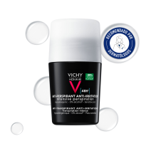 Desodorante de bola roll-on para hombre de Vichy 50ml con textura de fondo y sello dermatológico