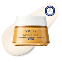 Crema de noche Vichy Neovadiol Peri Menopausia 50ml con textura de fondo y sello dermatológico