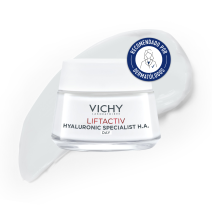 Crema Vichy Liftactiv Hyaluronic HA para pieles normales y mixtas 50ml con textura de fondo y sello dermatológico