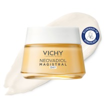 Crema de día Vichy Neovadiol Post Menopausia 50ml con textura de fondo y sello dermatológico