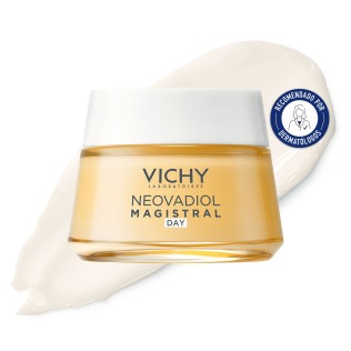 Crema de día Vichy Neovadiol Post Menopausia 50ml con textura de fondo y sello dermatológico