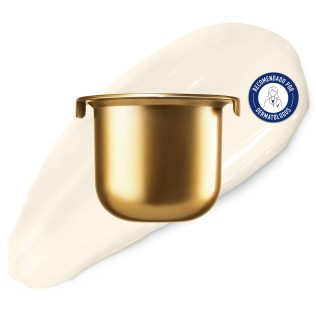 Cápsula de Recarga Crema Neovadiol Longevity 50ml con textura de fondo y sello dermatológico
