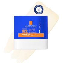 Protector Solar en Stick La Roche Posay Anthelios UV Sport SPF50+ con textura de fondo y sello dermatológico