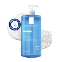 Gel de limpieza La Roche Posay Lipikar 1L con textura de fondo y sello dermatológico
