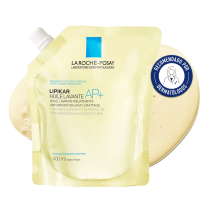 Refill de La Roche Posay Lipikar Aceite AP+ con textura de fondo y sello dermatológico