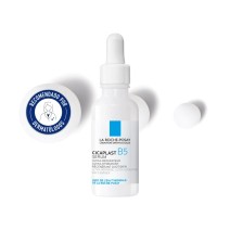 Sérum La Roche Posay Cicaplat B5 con textur de fondo y sello dermatológico 30ml