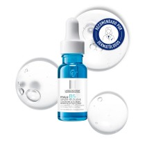 Sérum de ojos La Roche Posay Hyalu B5 con textura de fondo y sello dermatológico