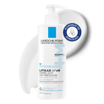 Crema Corporal Lipikar AP+Max Baume Light 400ml de La Roche Posay  con textura de fondo y sello dermatológico