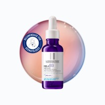 Serum 30ml MELA B3 Niacinamide 10% de La Roche Posay con textura de fondo y sello dermatológico