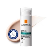 Gel-Crema solar diario Anthelios Oil Correct SPF50+, 50ml de La Roche Posay con textur de fondo y sello dermatológico