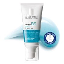 Sérum Hyalu B5 UV SPF30 50ml de La Roche Posay con textura de fondo y sello dermatológico