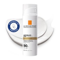 Protector solar Anthelios Age Correct SPF50 50ml de La Roche Posay con textura de fondo y sello dermatológico
