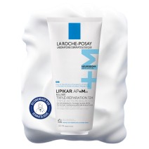 Crema reparadora Lipikar Baume AP+ 200ml de La Roche Posay con textura de fondo y sello dermatológico