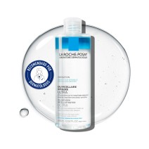 Agua Micelar Oil Infused 400ml de La Roche Posay  con textura de fondo y sello dermatológico