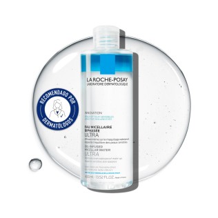 Agua Micelar Oil Infused 400ml de La Roche Posay  con textura de fondo y sello dermatológico