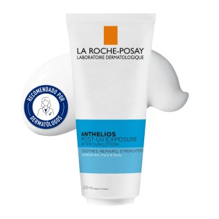 Tratamiento Posthelios After Sun  200ml de  La Roche Posay con textura de fondo y sello dermatológico