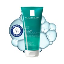 Gel Purificante Micro-Exfoliante Effaclar Duo 200 ml de La Roche Posay con textura de fondo y sello dermatológico