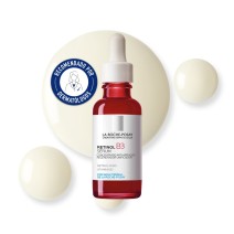 Sérum antiedad Retinol B3 30ml de La Roche Posay con textura de fondo y sello dermatológico