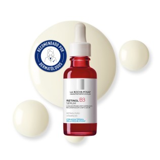 Sérum antiedad Retinol B3 30ml de La Roche Posay con textura de fondo y sello dermatológico