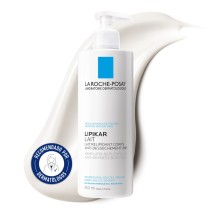 Leche hidratante corporal 48h Lipikar 400ml de La Roche Posay  con textura de fondo y sello dermatológico