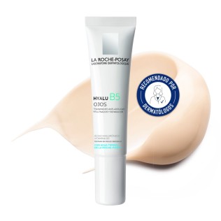 Tratamiento para ojos Hyalu B5 15 ml de La Roche Posay con textura de fondo y sello dermatológico